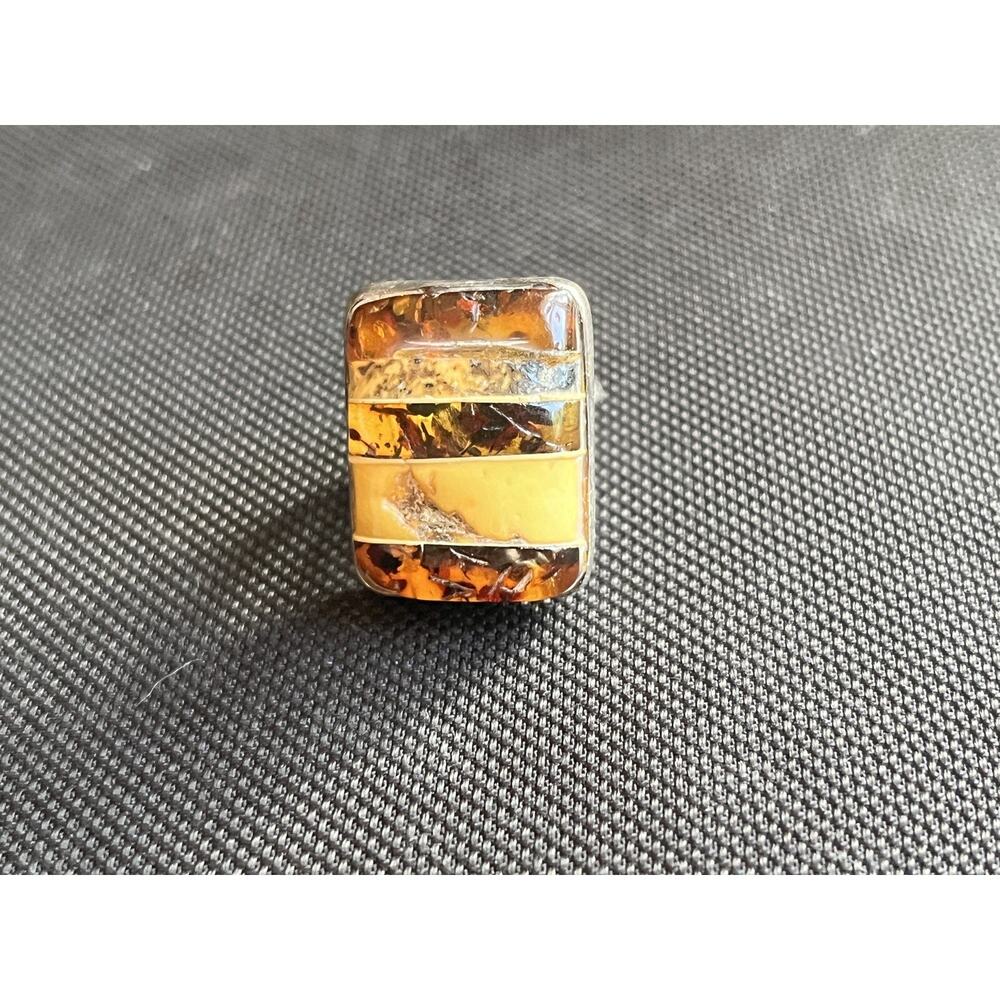 Vintage Artisan Sterling Silver Striped Honey Baltic Amber Split Shank Ring 7.5 - Picture 4 of 15